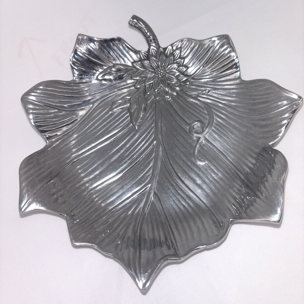 Fitz And Floyd Pewter Leaf Bowl Trinket Candy Dish 6 Inch Flower Stem Detail